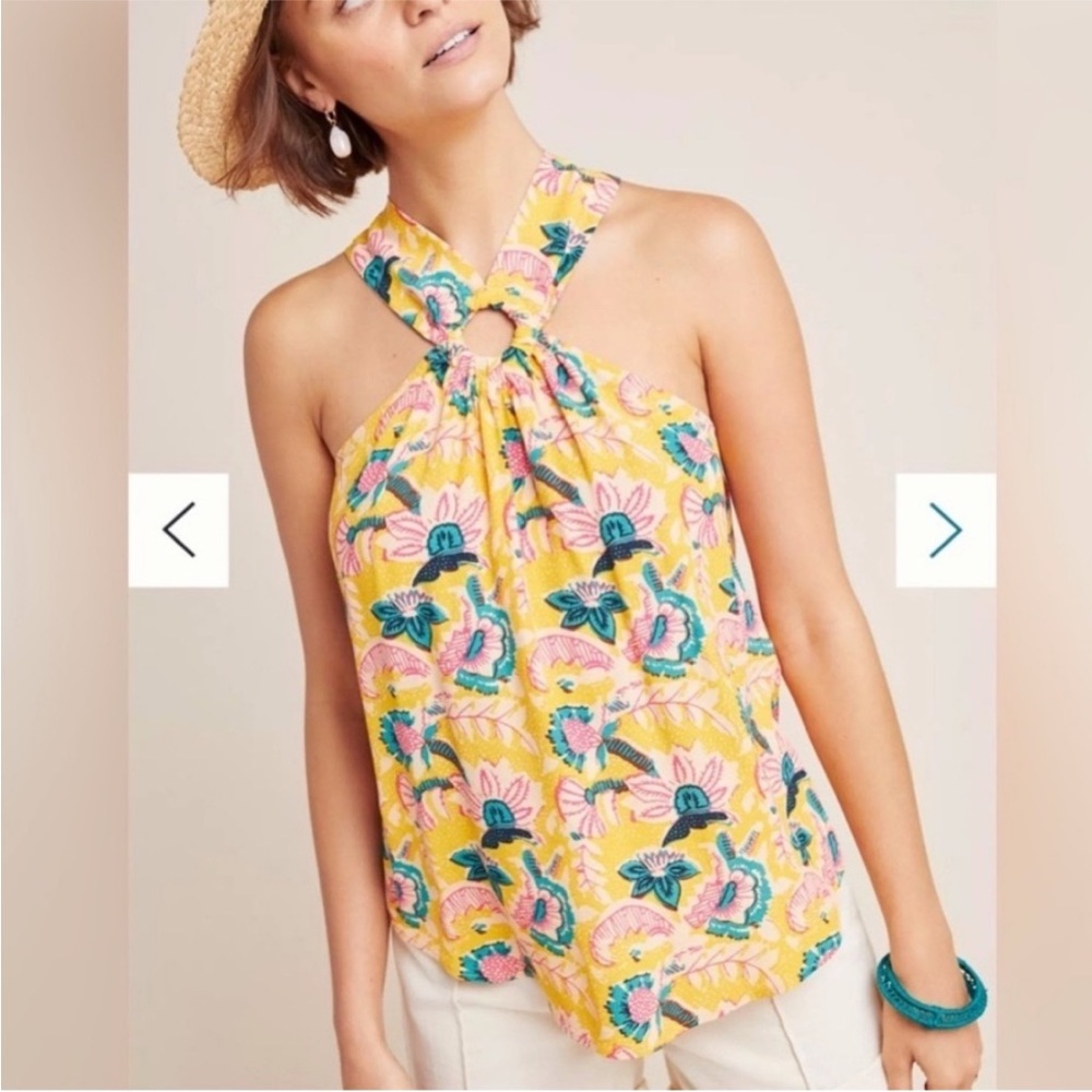 Maeve Sleeveless Yellow Floral Halter Top with Ring Detail